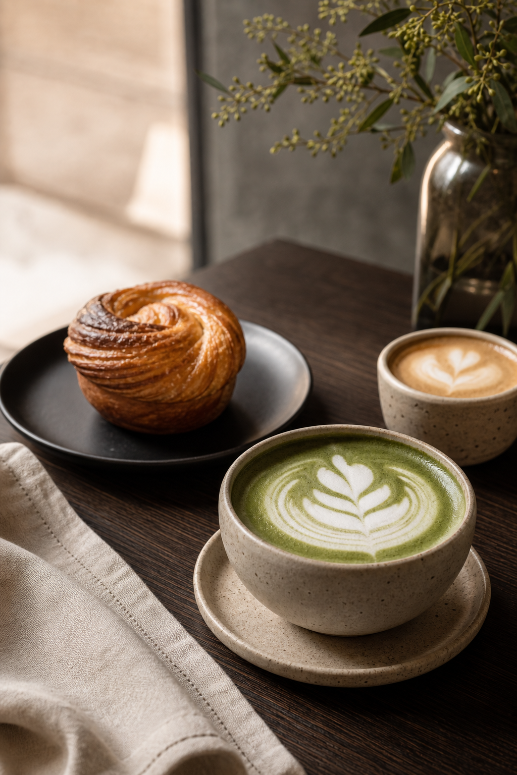 Kaffee und Gebäck auf dunklem Holztisch