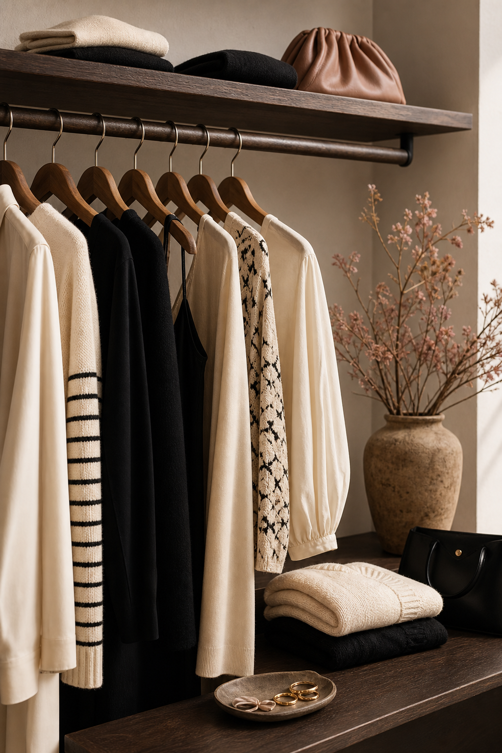 Ausgewählte Kleidung in Creme, Schwarz und warmen Brauntönen