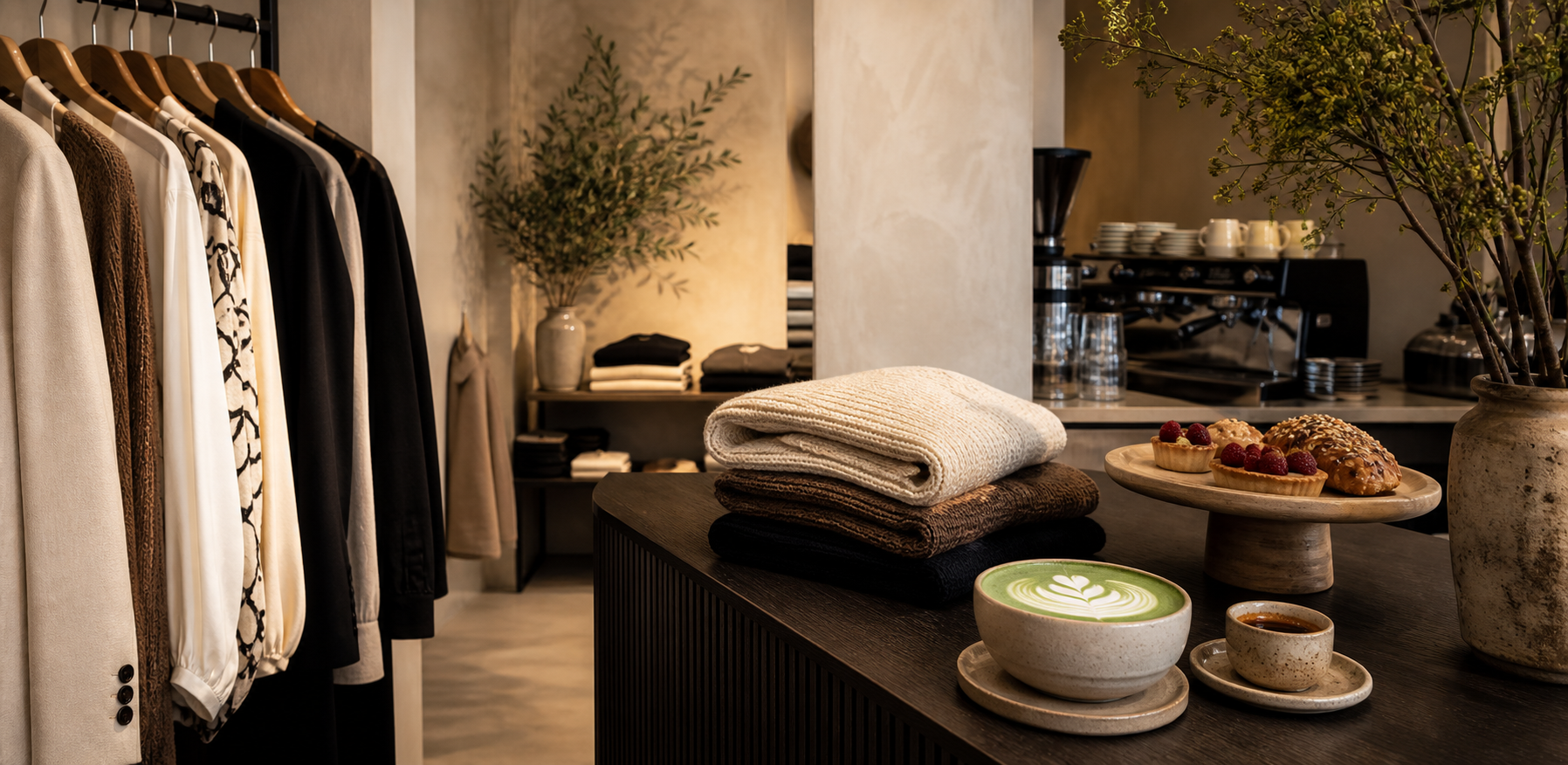Mode, Kaffee und Gebäck in warmer Boutique-Atmosphäre